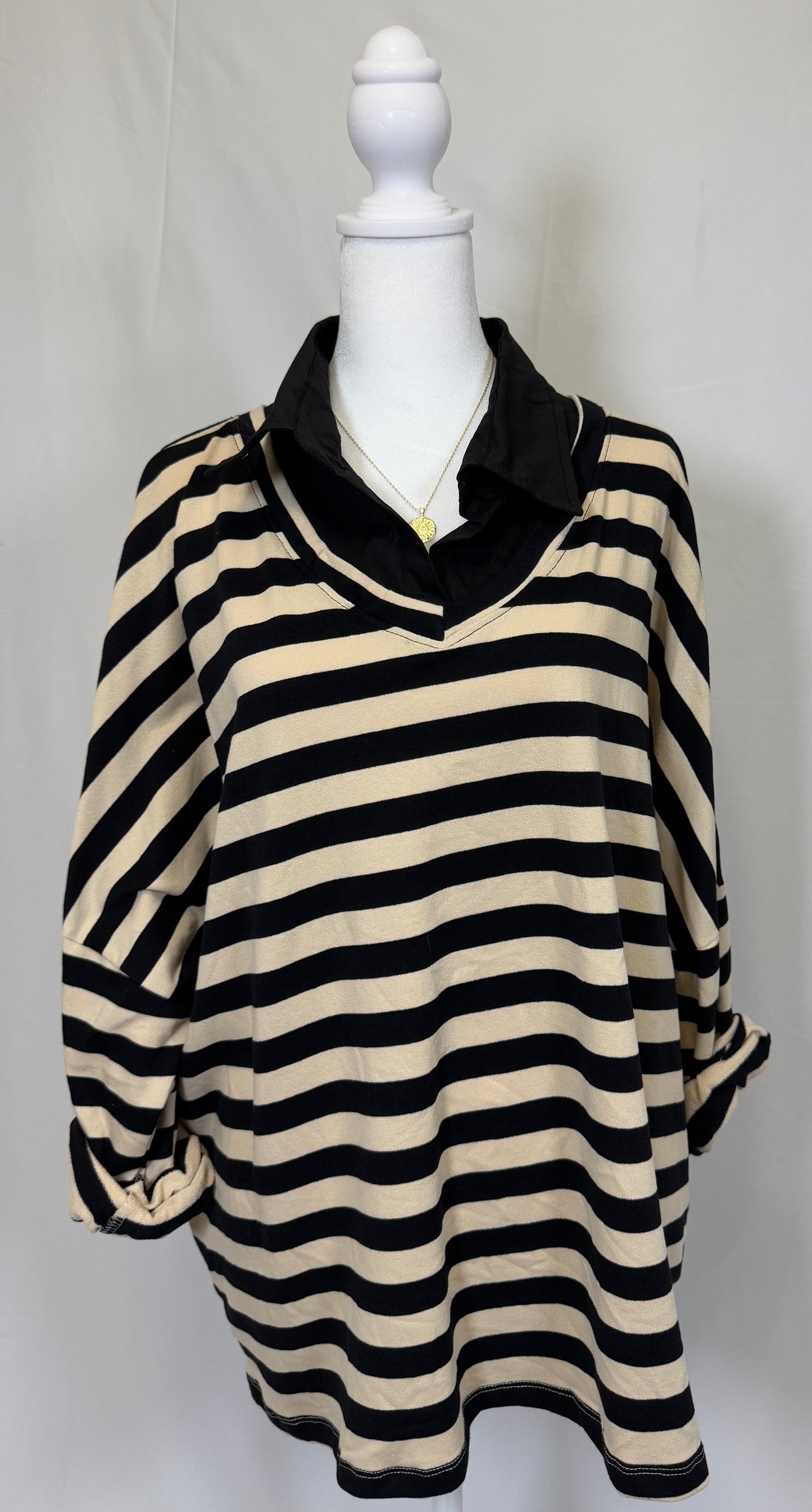 Style 1010 stripe in French Terry with woven collar and placket
