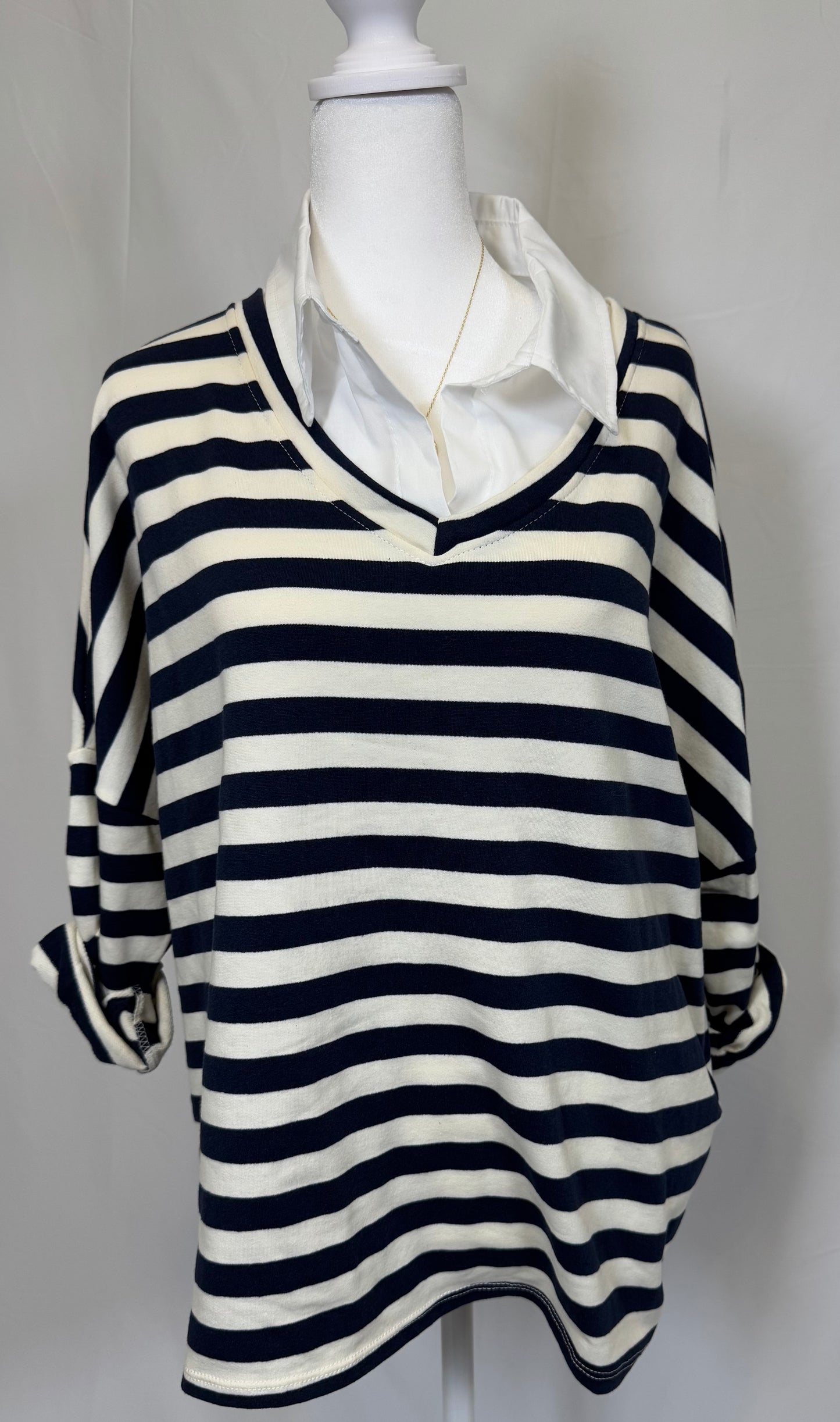 Style 1010 stripe in French Terry with woven collar and placket