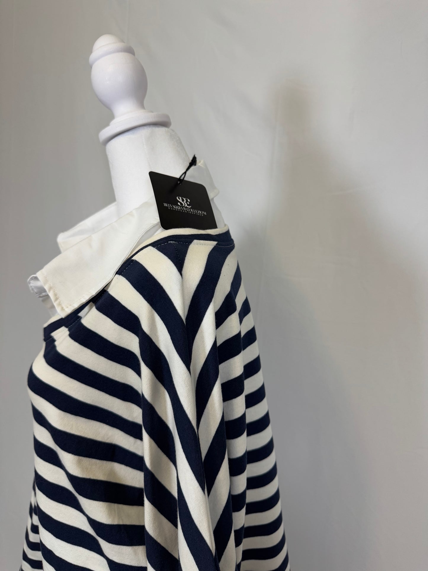 Style 1010 stripe in French Terry with woven collar and placket