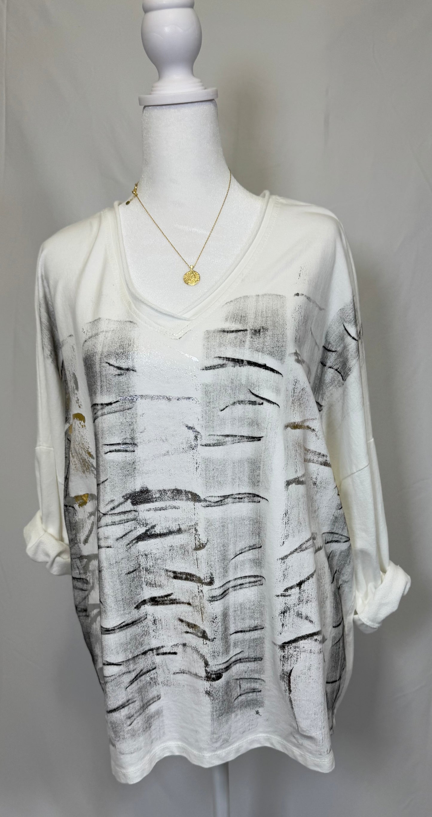 Style 1016 French Terry top with metallic print..