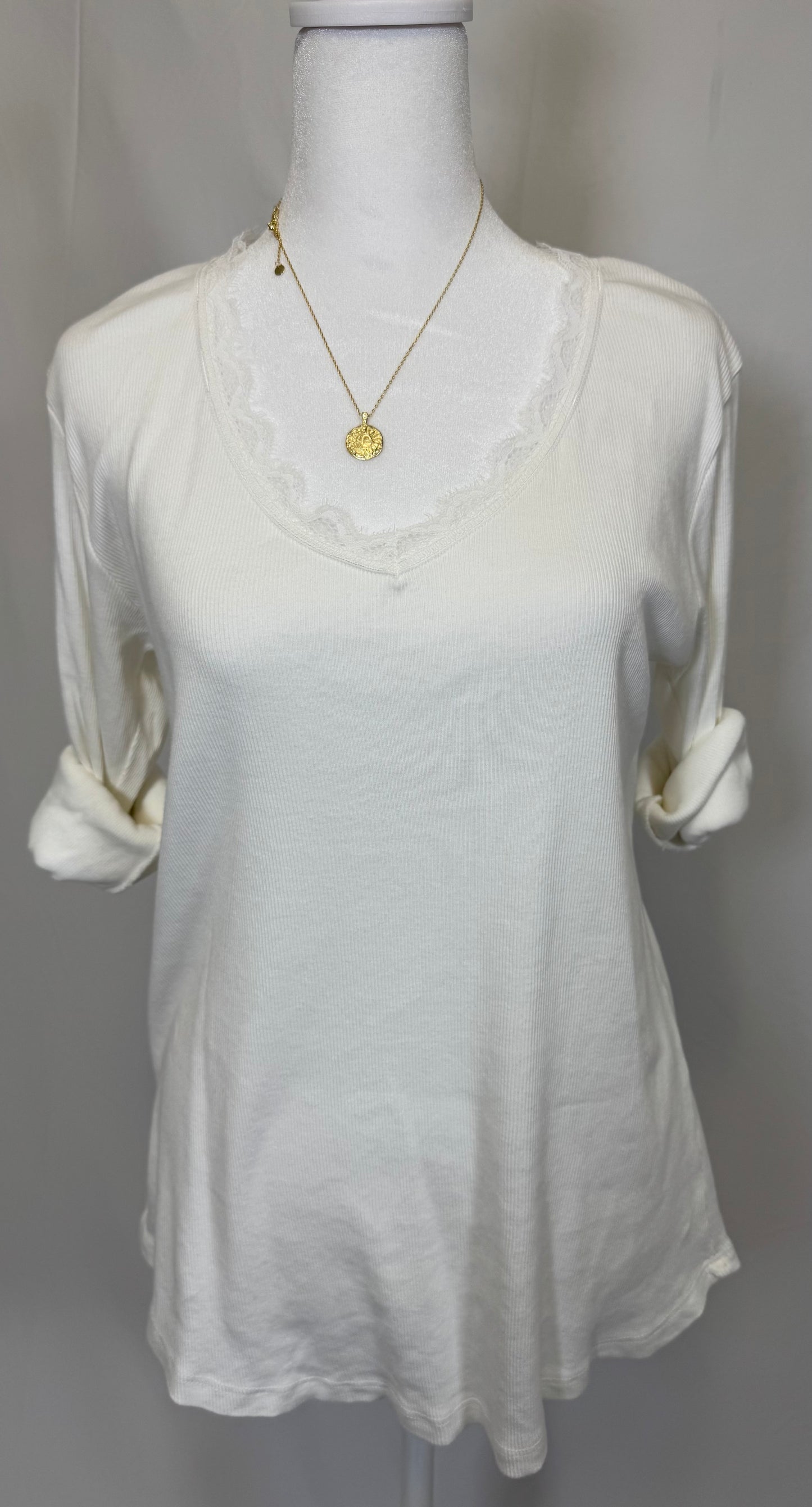 Style 1010 rib v-nk neck lace trim and back lace panel insert
