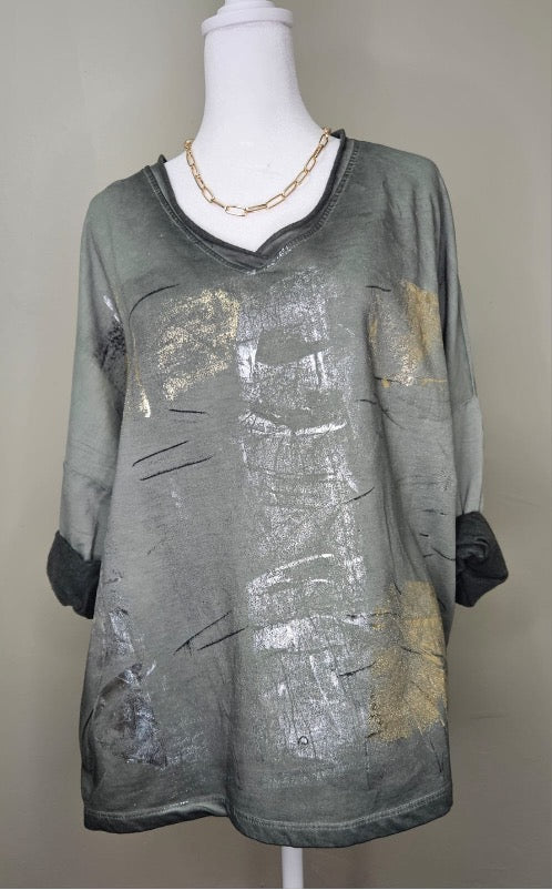 Style 1016 French Terry top with metallic print..