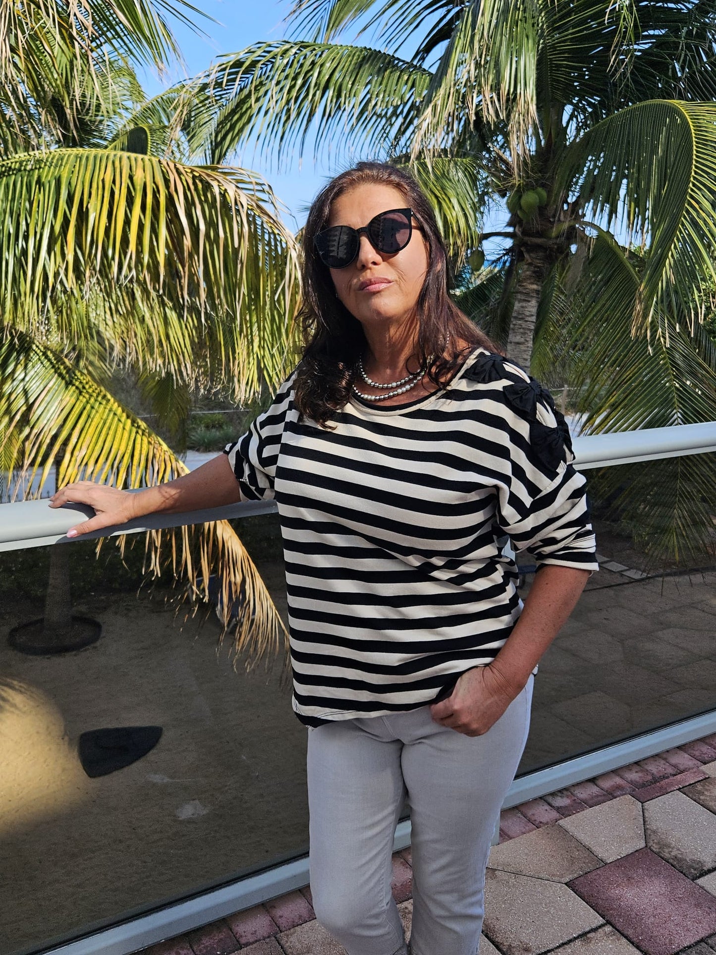 black bows on shoulder stripe top