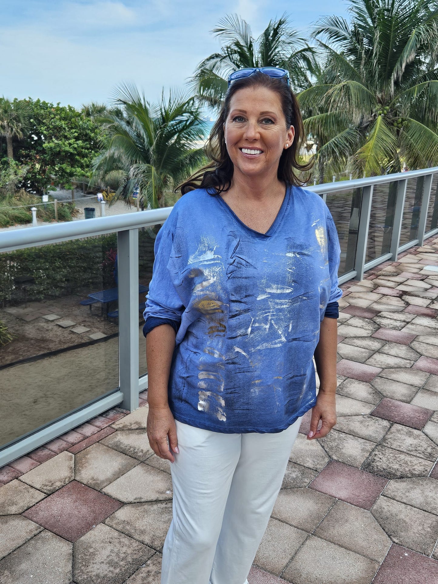 Style 1016 French Terry top with metallic print..