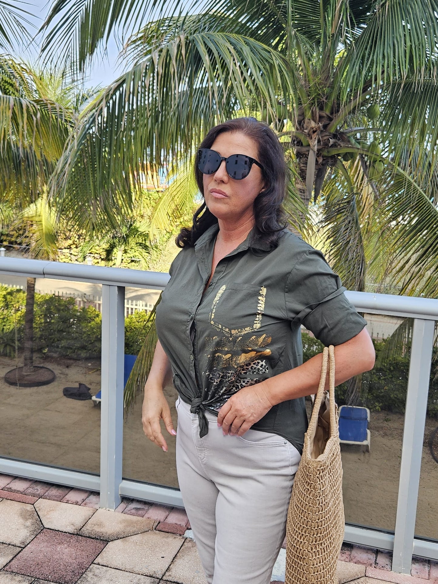 Style 1019 Cotton shirt with metallic print on pocket