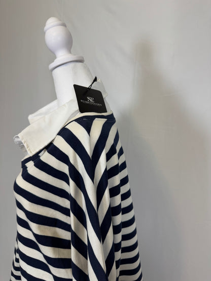 Style 1010 stripe in French Terry with woven collar and placket