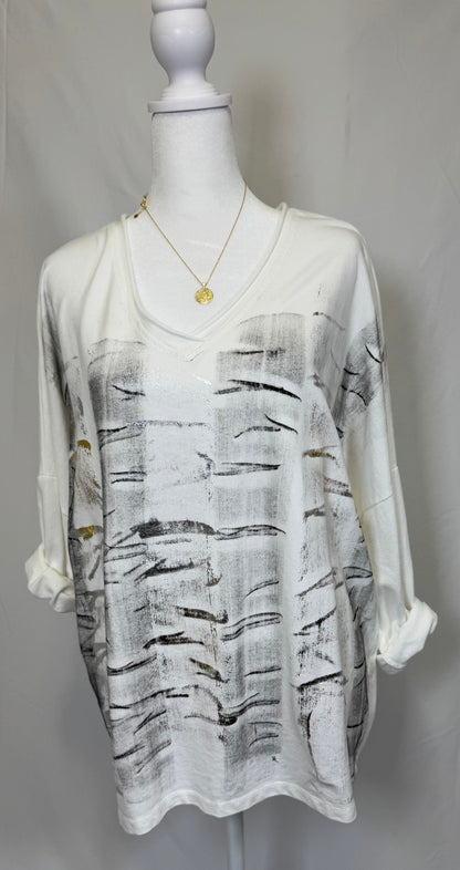 Style 1016 French Terry top with metallic print..