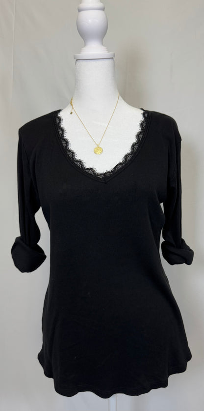 Style 1010 rib v-nk neck lace trim and back lace panel insert