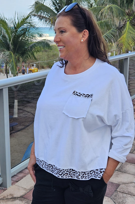 white elastic pocket animal print trim top