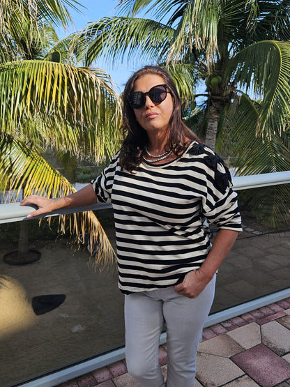 black bows on shoulder stripe top