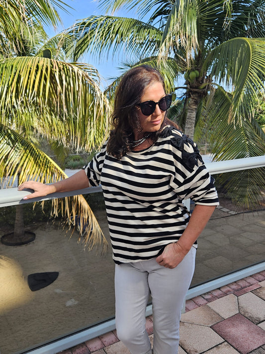 black bows on shoulder stripe top
