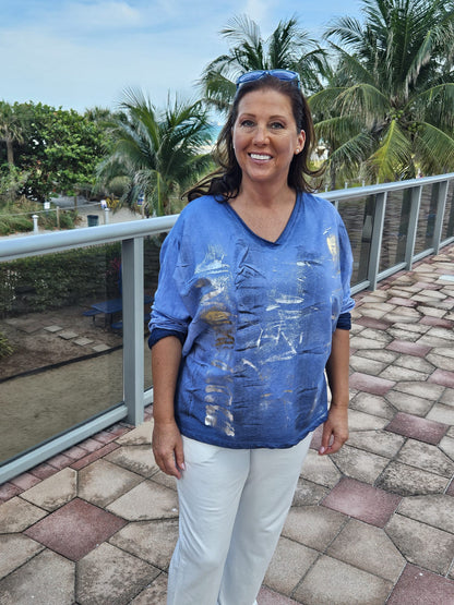 Style 1016 French Terry top with metallic print..
