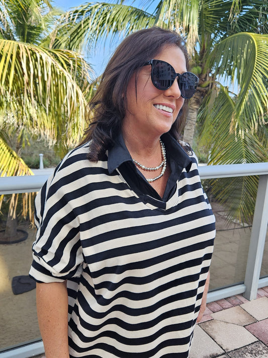 Style 1010 stripe in French Terry with woven collar and placket